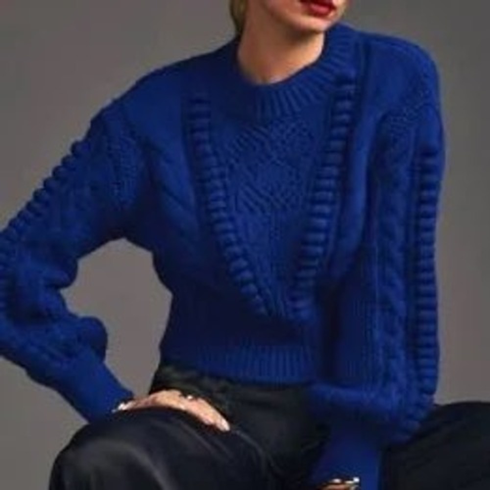 Anthropologie Cobalt Blue Cable Knit Bobble Heart Pointelle Sweater